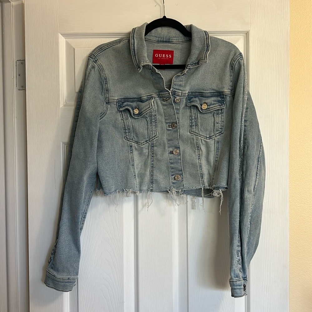 Guess Cropped Denim Jacket w Bejeweled Sleeve Stripe